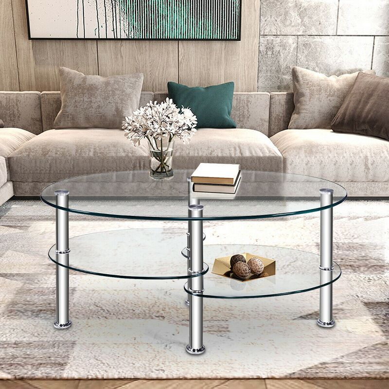 Costway Tempered Glass Oval Side Coffee Table Shelf Chrome Base Living Room Clear, 3 of 13