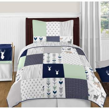 Sweet Jojo Designs Gender Neutral Unisex Twin Comforter Bedding Set Woodsy Blue Green Grey 4pc