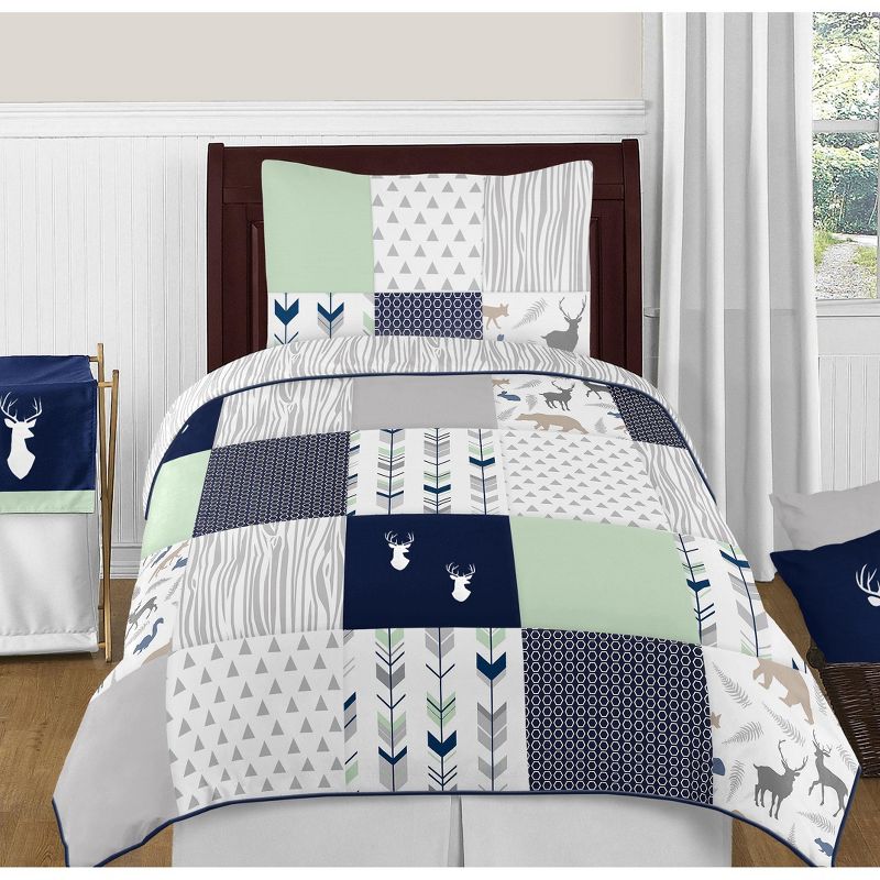 Sweet Jojo Designs Gender Neutral Unisex Twin Comforter Bedding Set Woodsy Blue Green Grey 4pc, 1 of 5