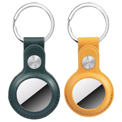 Wasserstein Apple AirTag Holder PU Leather Keychain - Keyring and Protective Case Cover for GPS Tracker (2 Pack, Green/Yellow)