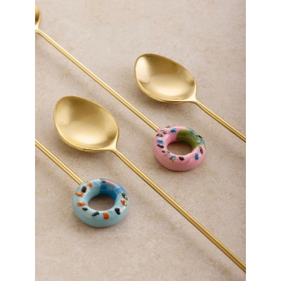 Multicolor Matte Gold Stainless Steel Teaspoons with Whimsical Doughnut Design, Set of 4