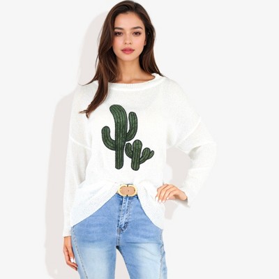 Anna-Kaci Women's Long Sleeve Knit Sweater with Cactus Embroidery