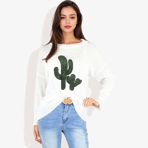 Anna-Kaci Women's Long Sleeve Knit Sweater with Cactus Embroidery - 1 of 4