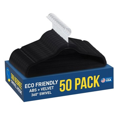 Black Velvet Non-Slip Clothes Hangers with 360° Swivel Hook, Pack of 50