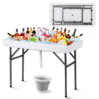 Tangkula Folding Ice Table with Drain 4 ft Portable Cooler with Removable Skirt No Assembly Fill and Chill Table for Food Drink Beverage White