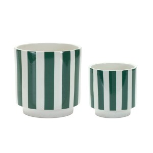 HomeRoots Set of Two Green And White Dolomite Striped 4 Ounce Round Pot Planters - 1 of 4