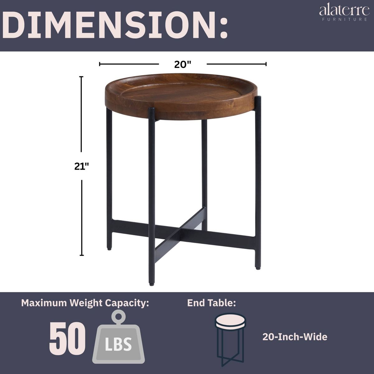 20" Brookline Round End Table Medium Chestnut - Alaterre Furniture: Chic Industrial, Fixed Tray Top - thumbnail 4