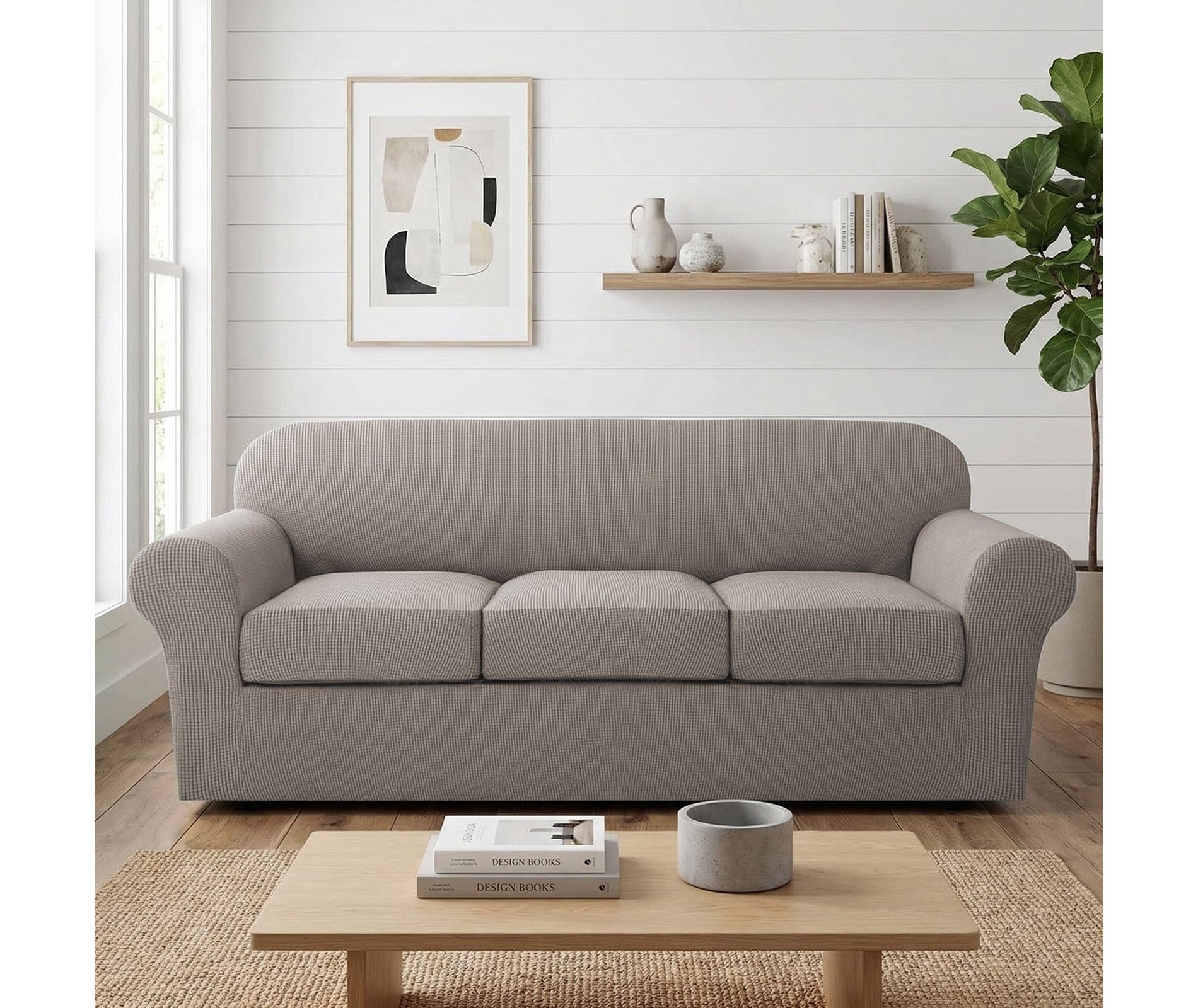 H.Versailtex Stretch Thicker Jacquard Fabric Sofa Slipcover Taupe X-Large