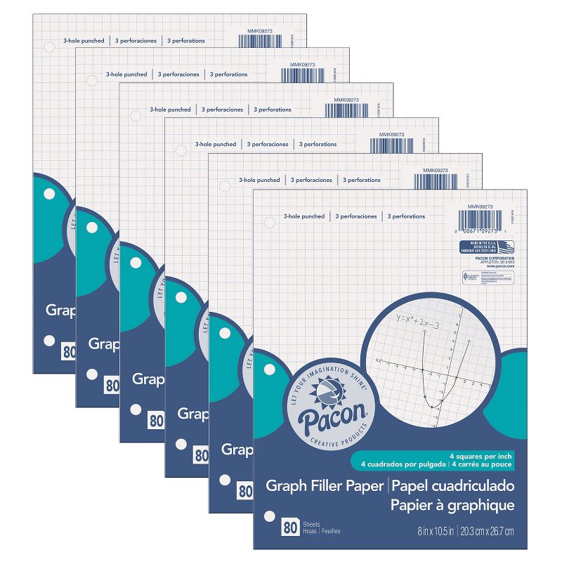 Pacon® Graphing Paper, White, 3-Hole Punched, 1/4" Quadrille Ruled, 8" x 10-1/2", 80 Sheets Per Pack, 6 Packs, 1 of 5