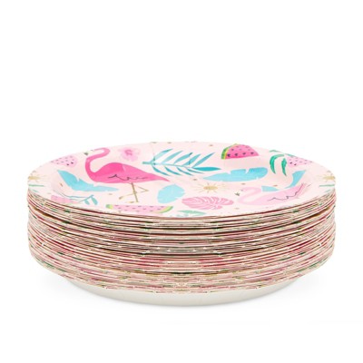 Tropical Pink Flamingo and Palm Paper Plates, 7 Inches