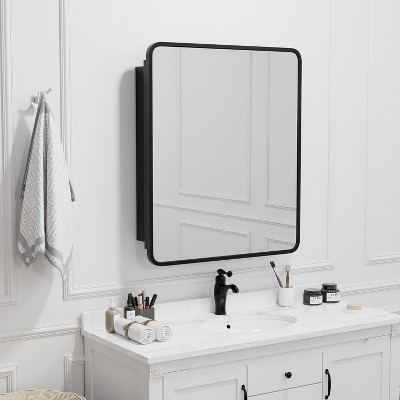 Wooakway Recessed or Wall Mount Medicine Cabinet 16 x 24 Inch Bathroom Mirror Cabinet with HD Mirror, Black