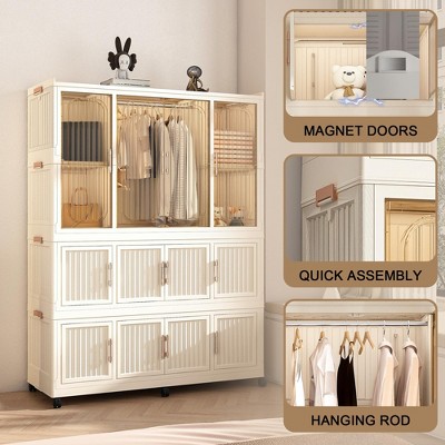 Vynxaria Portable Wardrobe Closet Organizer - 12 Magnetic Doors, 12 Cubes, 1 Hanging Rod & 6 Hangers for Baby Clothes Storage in White