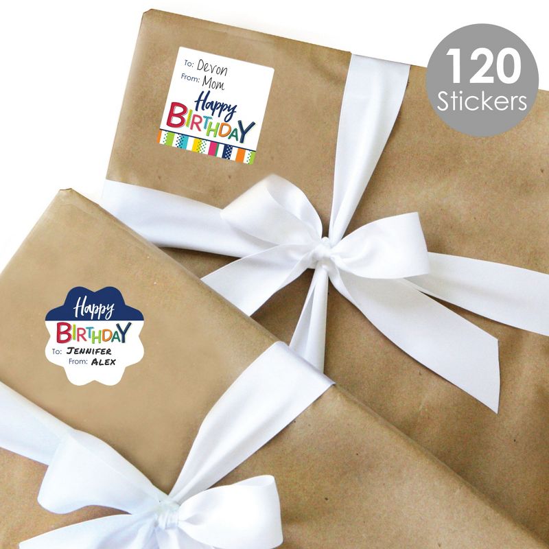 Big Dot of Happiness Cheerful Happy Birthday - Assorted Colorful Birthday Party Gift Tag Labels - To and From Stickers - 12 Sheets - 120 Stickers, 2 of 9