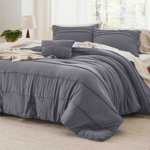 BAGOKIE 4-Piece Pinch Pleat Striped Bed in a Bag Comforter Set for All Season - 1 of 3