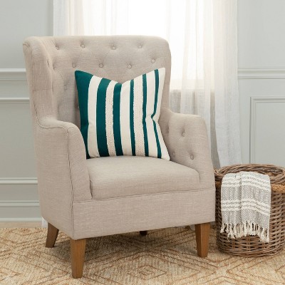 Teal and Off-White Embroidered Square Throw Pillow