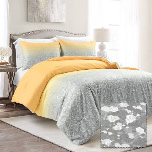3pc Full/Queen Glitter Ombre Metallic Print Kids' Comforter Set Yellow/Gray - Lush Décor: Teen Bedding, Microfiber - 1 of 4