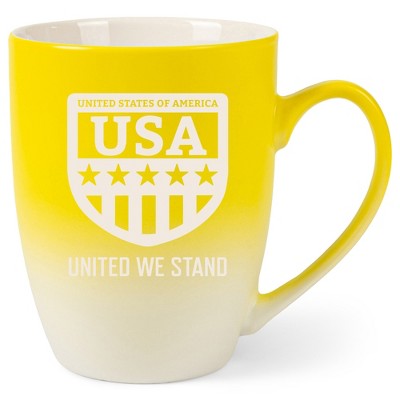 100 North United States of America 10 Ounce Yellow and White Two Toned Ombre, Comfortably Fits Your Hands, Ceramic Tea Coffee Cup Mug, USA United We