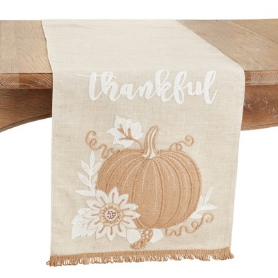 Saro Lifestyle Pumpkin Embroidery Thankful Table Runner, Beige, 16