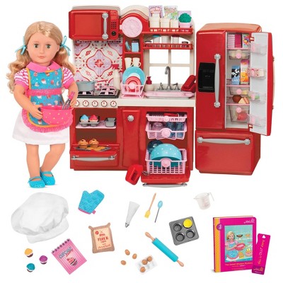 doll with kitchen set