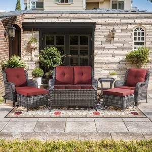 Gymojoy 7 Piece Outdoor Wicker Loveseat Sofa with Patio Chairs with Coffee Table and Ottoman Sets - 1 of 4