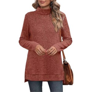 Clearlove Women's Solid Color High Neck Slit Hem Ribbed Loose Fit Long Sleeve T-Shirt Fall Winter Stretchy Casual Top - 1 of 4