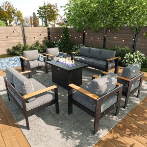 LayinSun 7 Pieces Aluminum Outdoor Patio Furniture Set with Fire Pit Table, Outside Metal Patio Conversation Sets with Deep Seating and Thick Cushions - 1 of 4