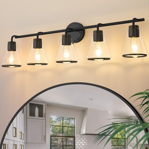 POWLIG 38.5-in 5-Light Modern Matte Black Dimmable Bathroom Vanity Light with Cone Clear Glass Shade - 1 of 4