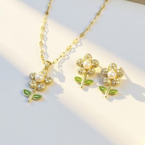 Anna-Kaci Women's Floral Necklace and Earring Set with Pearl Center and Crystal Petal Details 15.5+2in - Gold - 1 of 4