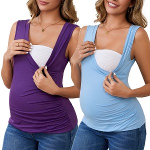 INSPIRE CHIC Women's 2 Pcs Crossover Ruched Maternity Sleeveless Basic Shirt Tank Nursing Tops - 1 of 4