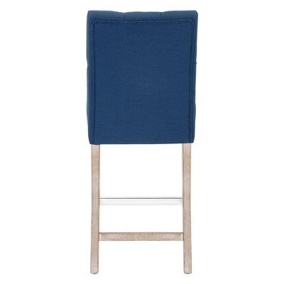 Blue Linen Tufted Bar Stool with Wood Legs, Set of 2