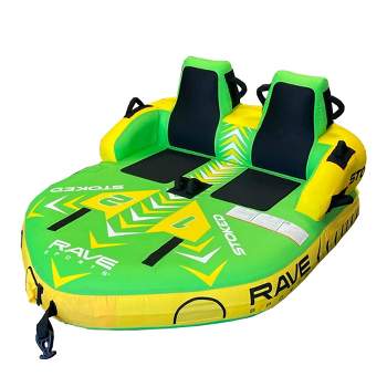 RAVE Sports Stoked 75 Inch Seated Inflatable Towable Double Water Sports Boat Lake Tube with Seats, Handles, and Quick Connect Tow Points, Green