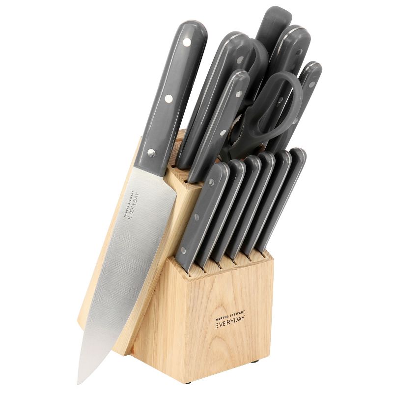 Martha Stewart Everyday 14 Piece Stainless Steel Cutlery and Wood Block Set in Grey, 1 of 9