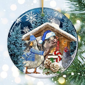 Charming Winter Farm Cabin and Animals Ceramic Christmas Ornament, Duck, Pig, and Chicken| OrnamentallyYou - 1 of 4