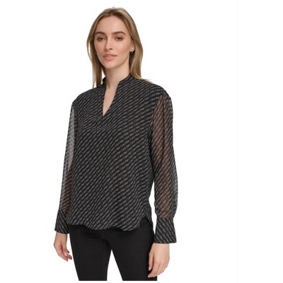 Calvin Klein Womens Logo Split Neck Pullover Blouse