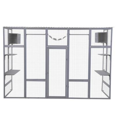 FURNIinspire Pet Crates and Houses,  Sturdy  Cat Enclosure boasting, 6 Leaping Platforms, 2 Feline Condos, a Catwalk, and a Scratching Panel, Gray,