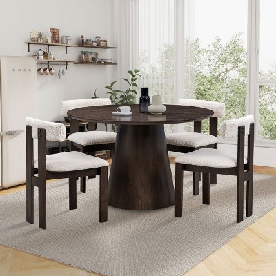 5 PCS Space-Saving Design Dining Set, Round MDF Table and 4 Boucle Chairs, Rubber Wood Frame Chairs with Polyester Cushion-Baofuwish