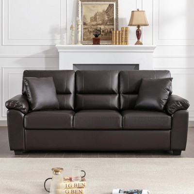 83" Faux Leather Sofa Mid-Century Modern Couch with Pillows and Cushion Armrest -Morden Fort