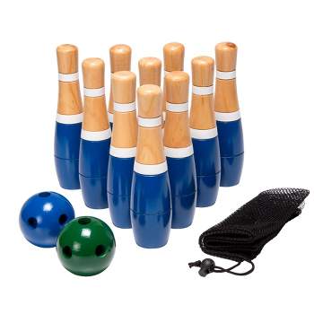 Toy Time 10-Pin Lawn Bowling and Skittle Ball Set with 2 Balls and Mesh Carrying Bag -  Blue and White