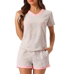 cheibear Women's Floral Pattern V Neck Short Sleeve Pullover Pajamas 2 Piece Sets - 1 of 4