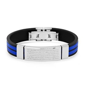 Steeltime Men's black & blue rubber and stainless steel Our Father english prayer id bracelet with greek key accents - 1 of 4