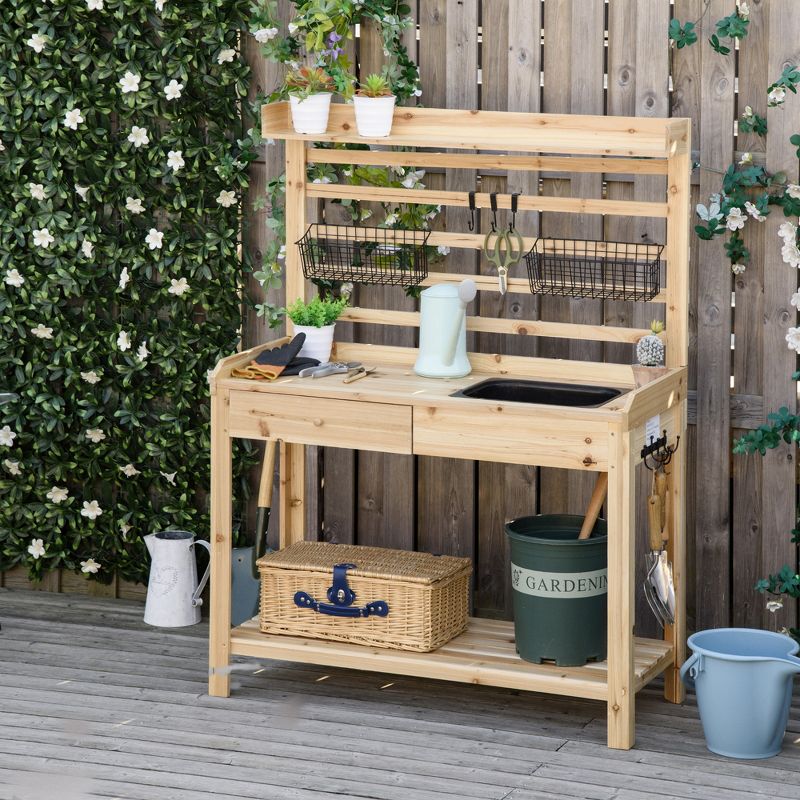 Outsunny Potting Bench Table, Garden Work Bench, Workstation with Metal Sieve Screen, Removable Sink, Additional Hooks and Baskets for Patio, Courtyards, Balcony, 3 of 7