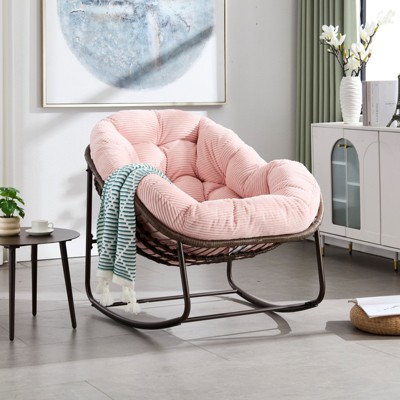 VisioGear Outdoor Rattan Rocking Chair, Padded Cushion Rocker Recliner Chair Outdoor for Front Porch, Living Room, Pink, 43.7"*37.2"*31.5"