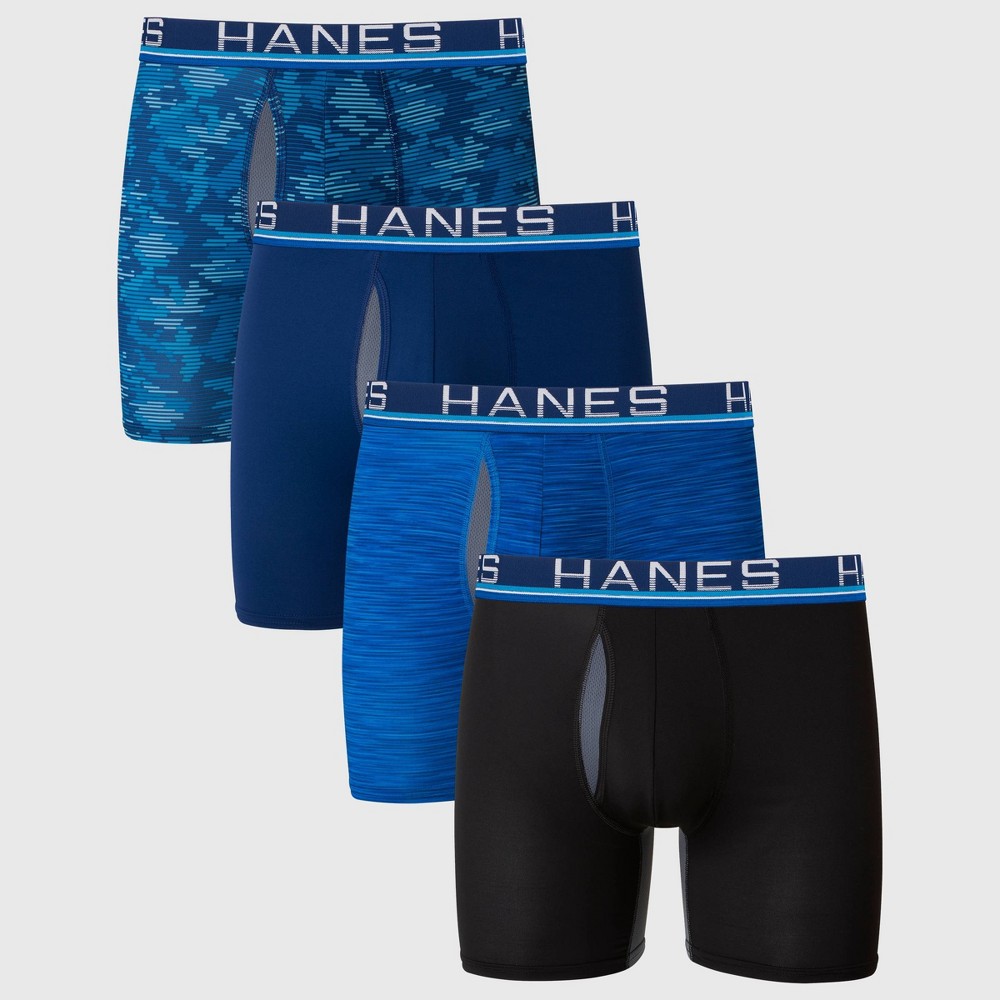 Size XL Hanes Premium Men's Xtemp Total Support Pouch 3+1 Boxer Briefs - Black/Blue 