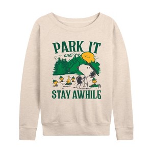 Women's - Peanuts - Park It And Stay Awhile Lightweight French Terry Wide Neck Long Sleeve Graphic Shirt - 1 of 4