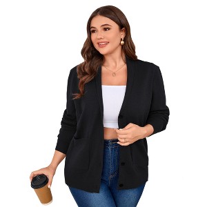 Plus Size Women's Notched Collar Knit Cardigan Pocket Sweater Coat - 1 of 4