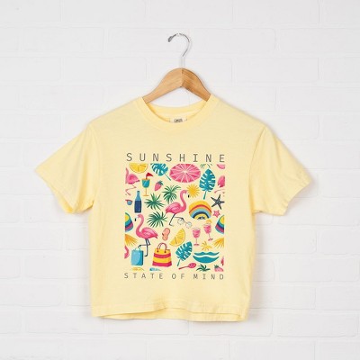Simply Sage Market Women's Sunshine State Of Mind Flamingos Short Sleeve Relaxed Fit Cropped Tee