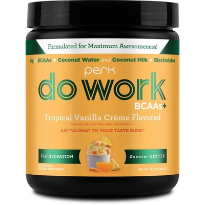Perk Do Work BCAAs (Tropical Vanilla Créme Flavored, 20 Servings) - BCAA & Hydration Electrolytes Powder with Coconut Water & Coconut Milk