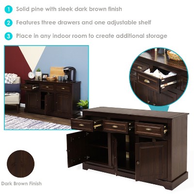 Sunnydaze Dark Brown Solid Pine Sideboard Cabinet with Adjustable Shelf