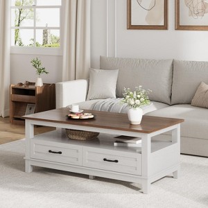 Homhougo Farmhouse Coffee Table with Drawers, 47.2" Center Table Rustic Coffee Tables Walnut Center Table with Open Shelf, 6 Support Legs - 1 of 4