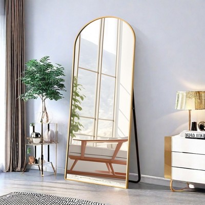 FURNIinspire Full Length Mirrors Floor Standing Mirror, Wall Mirror with Stand Aluminum Alloy Thin Frame, Arched Gold 64"*13.7"*21"